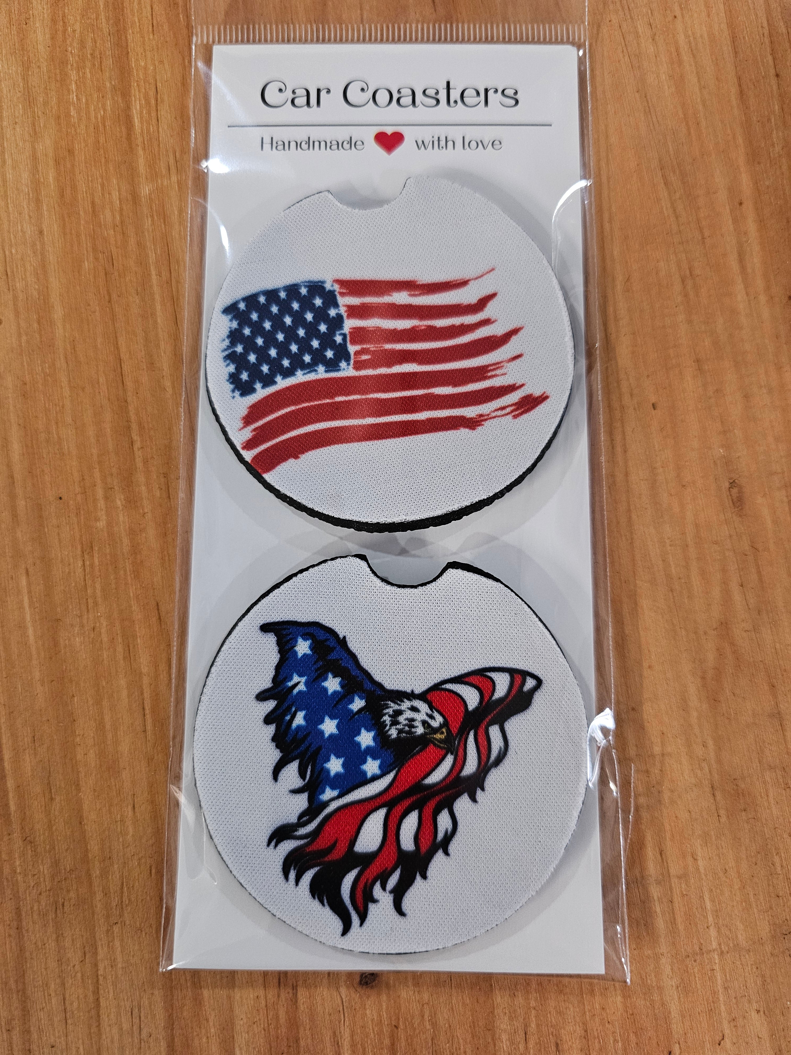 American Flag and Eagle neoprene car coaster set.
