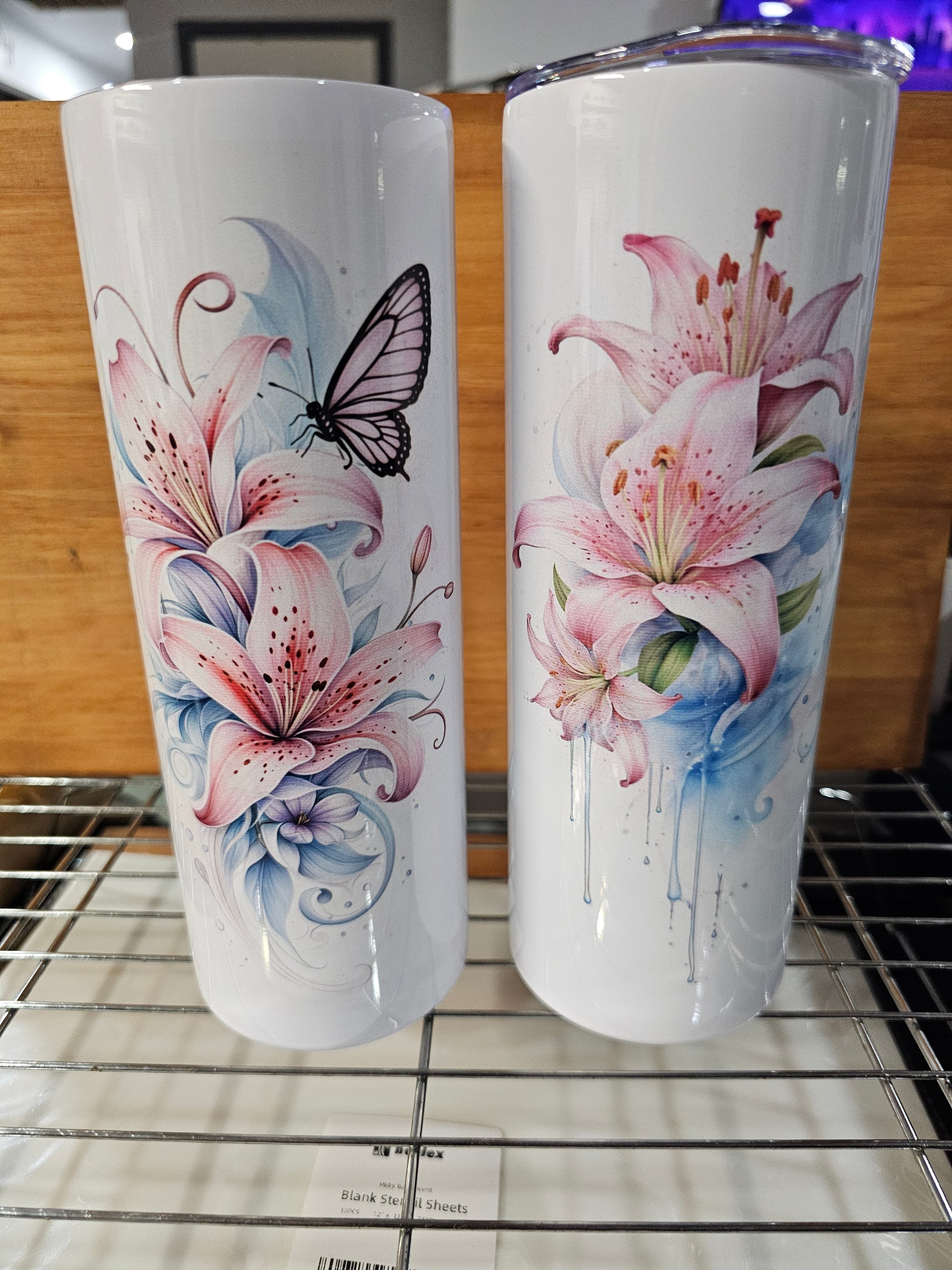 20oz stainless steel tumbler pink blue lilly butterfly