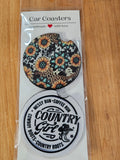 Sunflower background and Country Girl neoprene car coaster set.