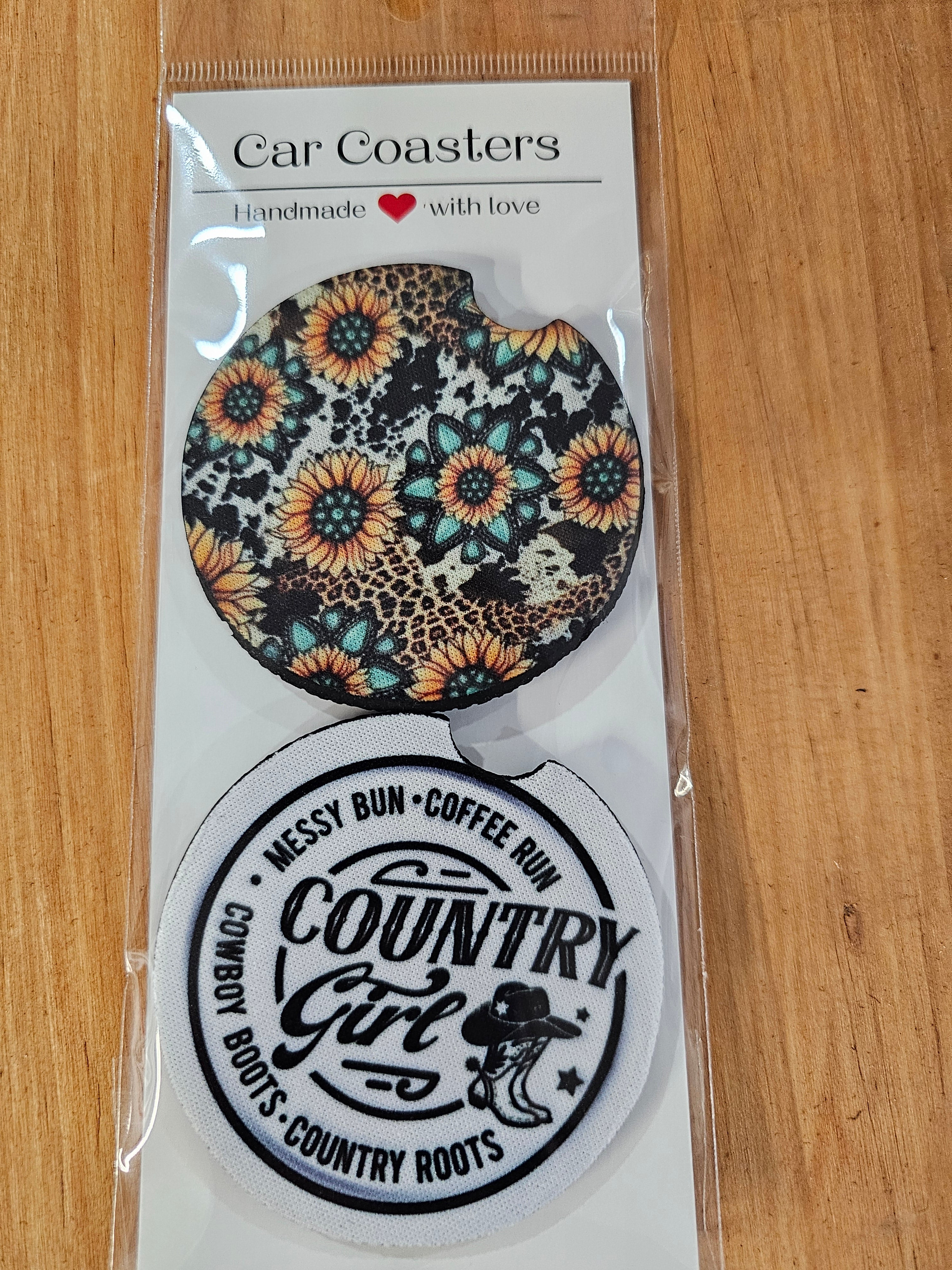 Sunflower background and Country Girl neoprene car coaster set.