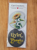 Sunflower and livin on a prayer neoprene car coaster set.