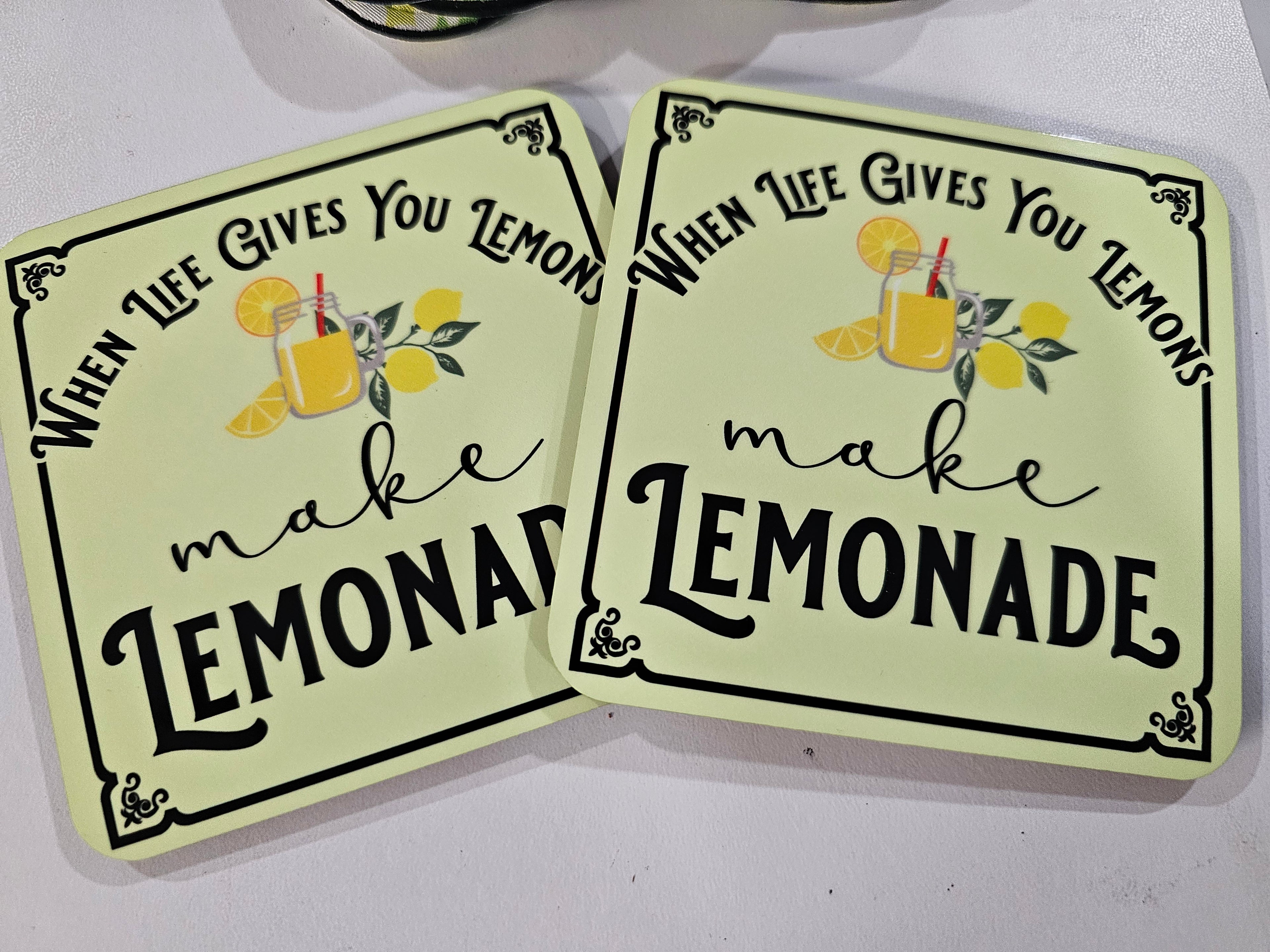 Yellow When Life Gives You Lemons Make Lemonade 4" coaster set.